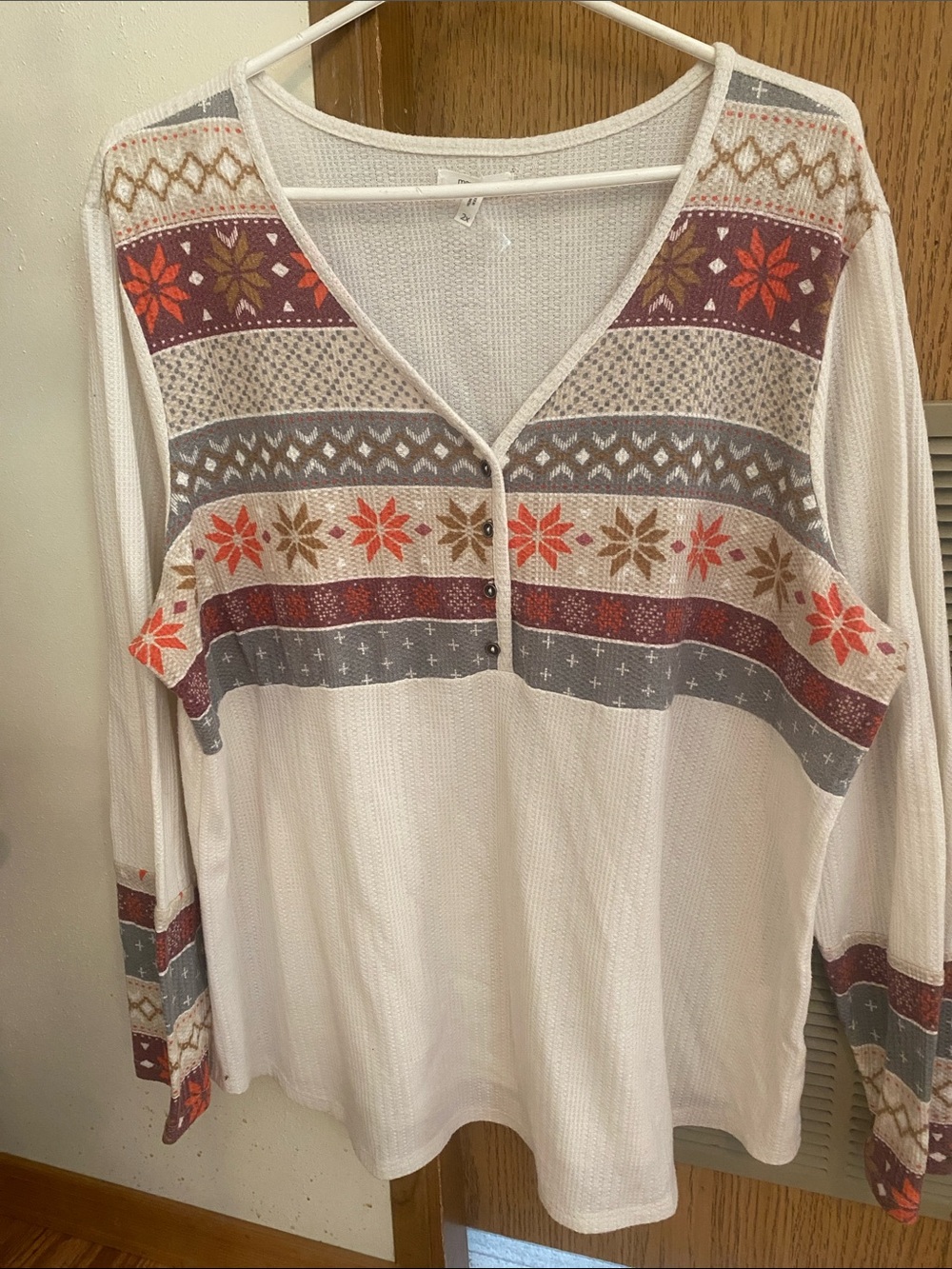 Maurices Cream Waffle-Knit V-Neck Top with Multicolor Patterned Yoke-2X